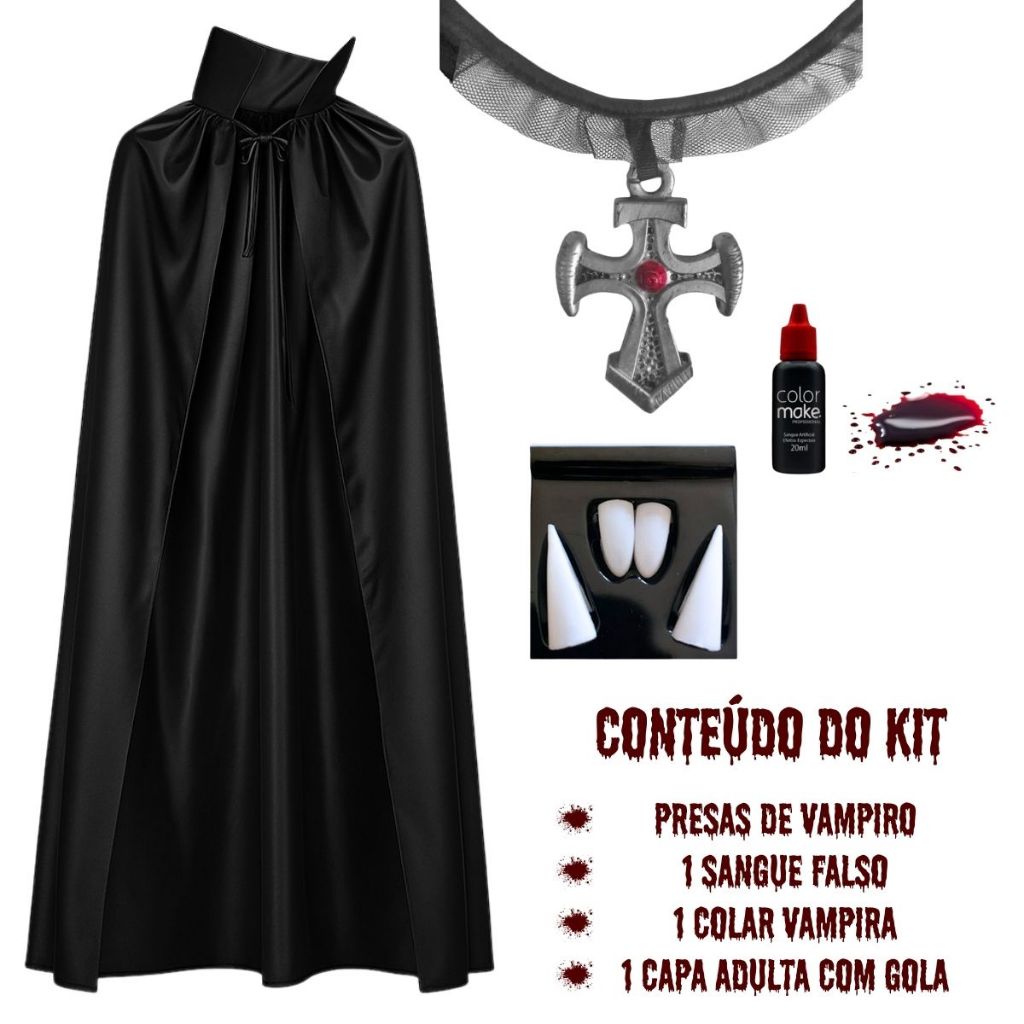 Fantasia Vampira Feminino Kit Drácula Dentes Presa Sangue Falso Colar Gargantilha Gótico Capa Preta