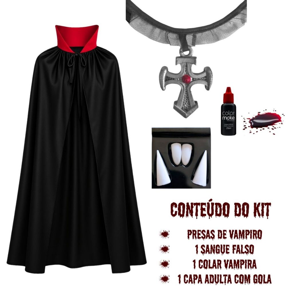 Fantasia Vampira Feminino Kit Drácula Dentes Presa Sangue Falso Colar Gargantilha Gótico Capa Luxo