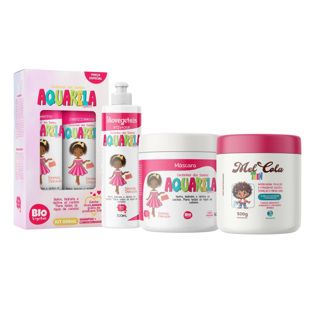 Kit Linha Kids Completa Aquarela Teen Cachinhos + Mel Cola Teen em Oferta na Shopee