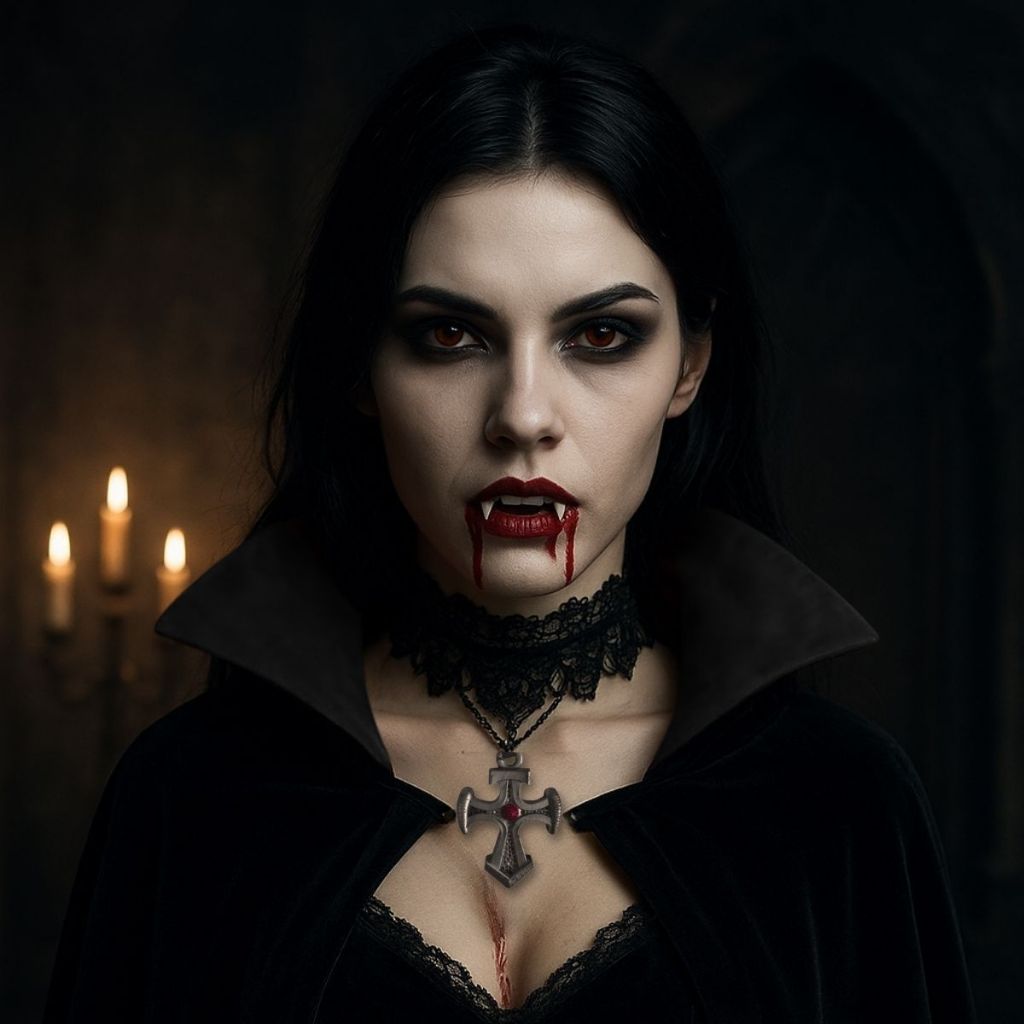 Kit Vampira Drácula Feminino Fantasia Dentes Presa Gargantilha Gótico Sangue Falso Colar Capa Preta