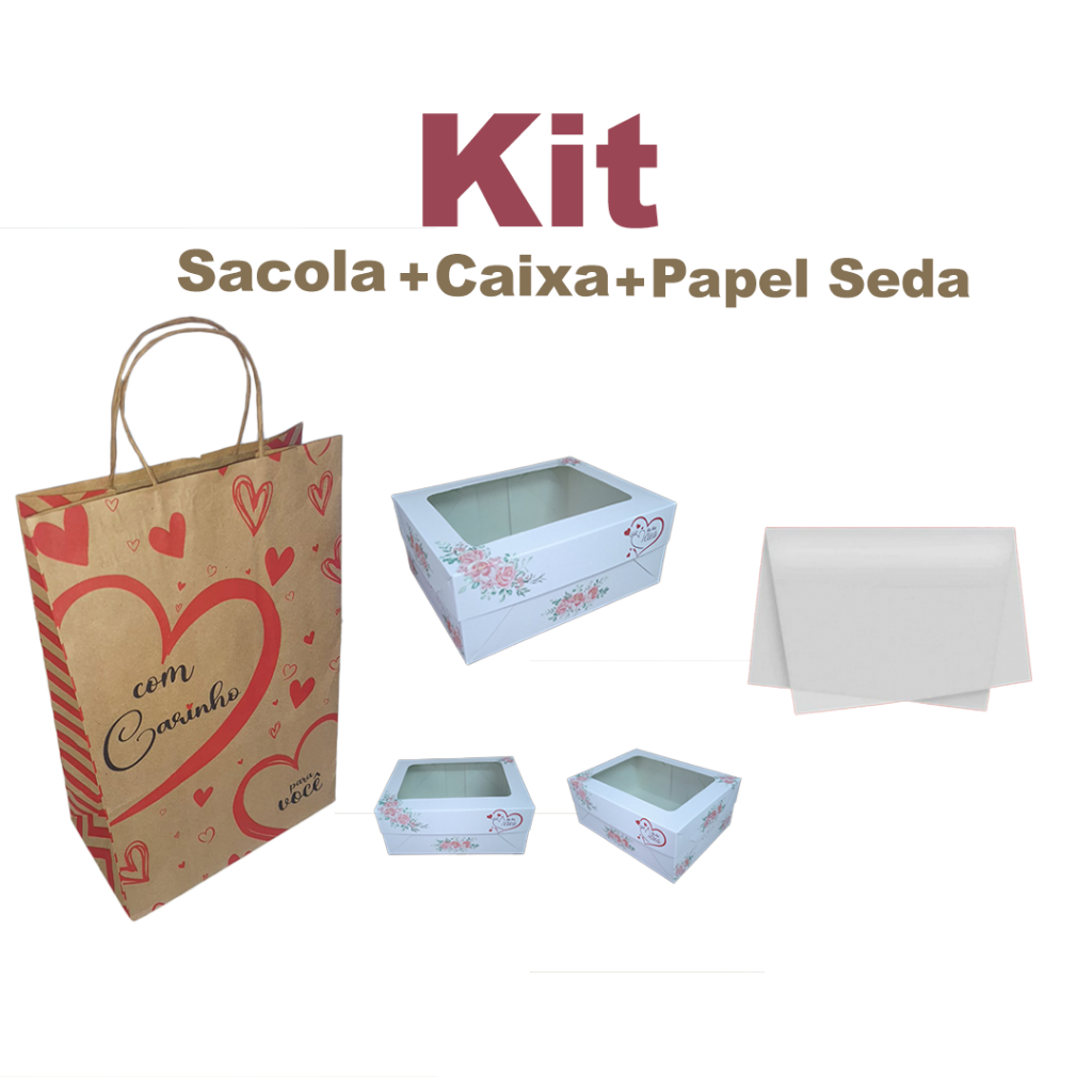 Kit Dia das Mães: Sacola Kraft + Caixa com Visor + Papel Seda | Embalagem Completa para Presentes | Pacote 5/10/15 Unid. em Oferta na Shopee