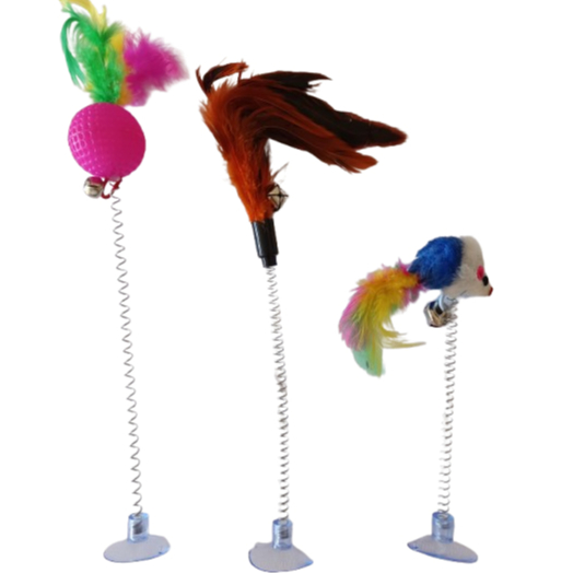 Brinquedo de mola com ventosa e penas para gatos - bolinha, ratinho e penas