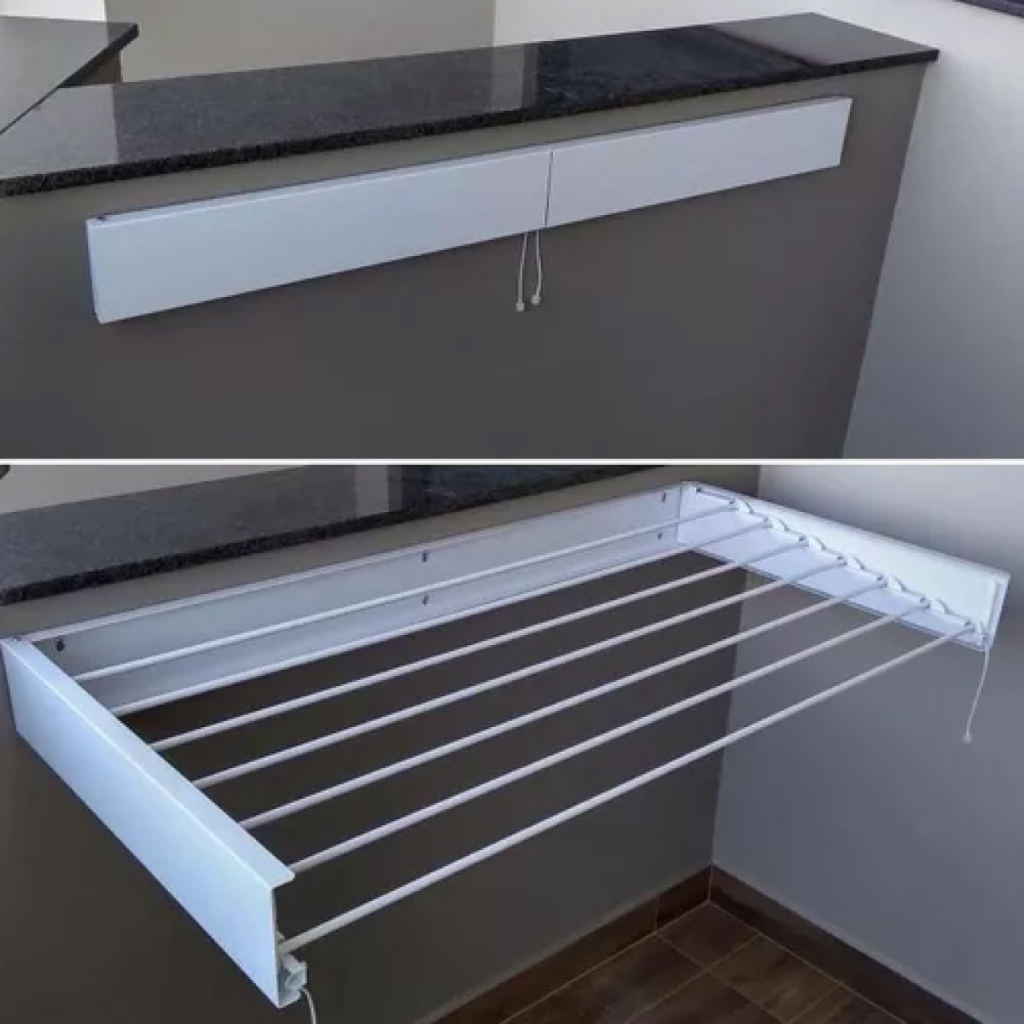 Varal de Parede Magico Discreto 120 cm 7 Varetas Kit 2 Unidades