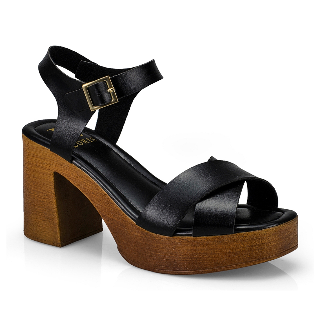 Sandália Tamanco Anabela Feminino Fivela Salto Alto Grosso Bloco Madeira 7013