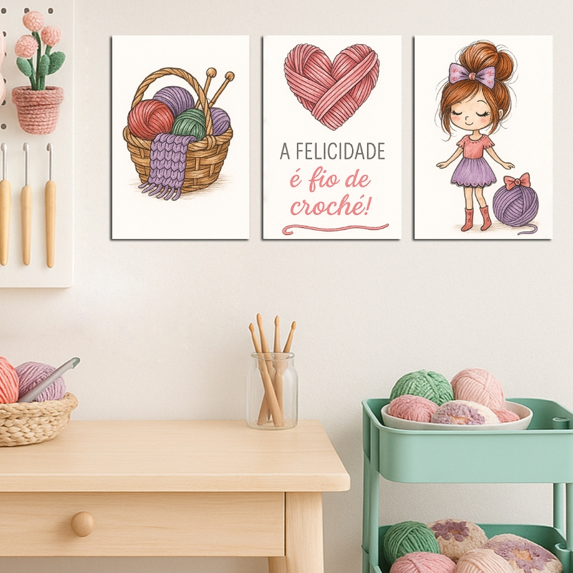 🧶 Kit 3 Quadros MDF 20x30cm – Crochê com Amor | Decoração Criativa e Aconchegante 💖 em Oferta na Shopee