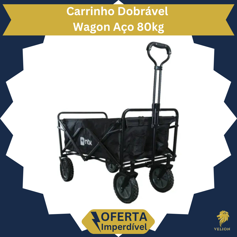 Carrinho Dobrável Wagon Aço Até 80kg Portátil Rodas Reforçadas Feira Camping