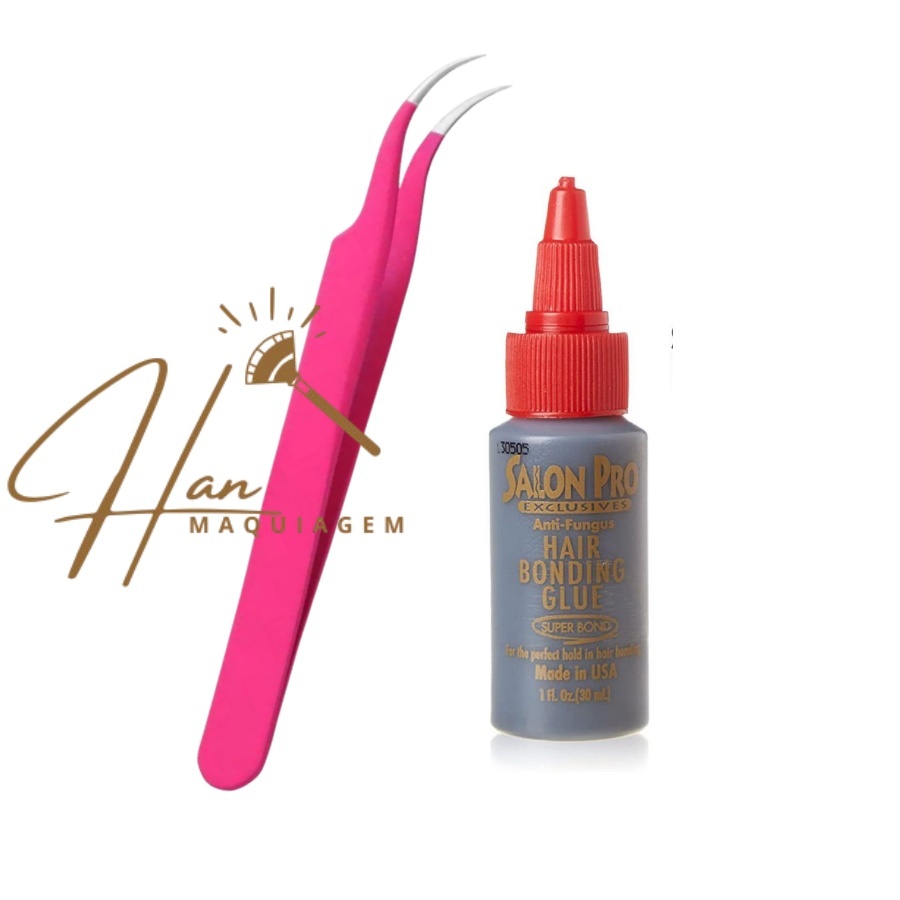 Conjunto Pinça Curva Para Extensão De Cílios + Cola Salon Pro 30ml Profissonal Para Alongamento