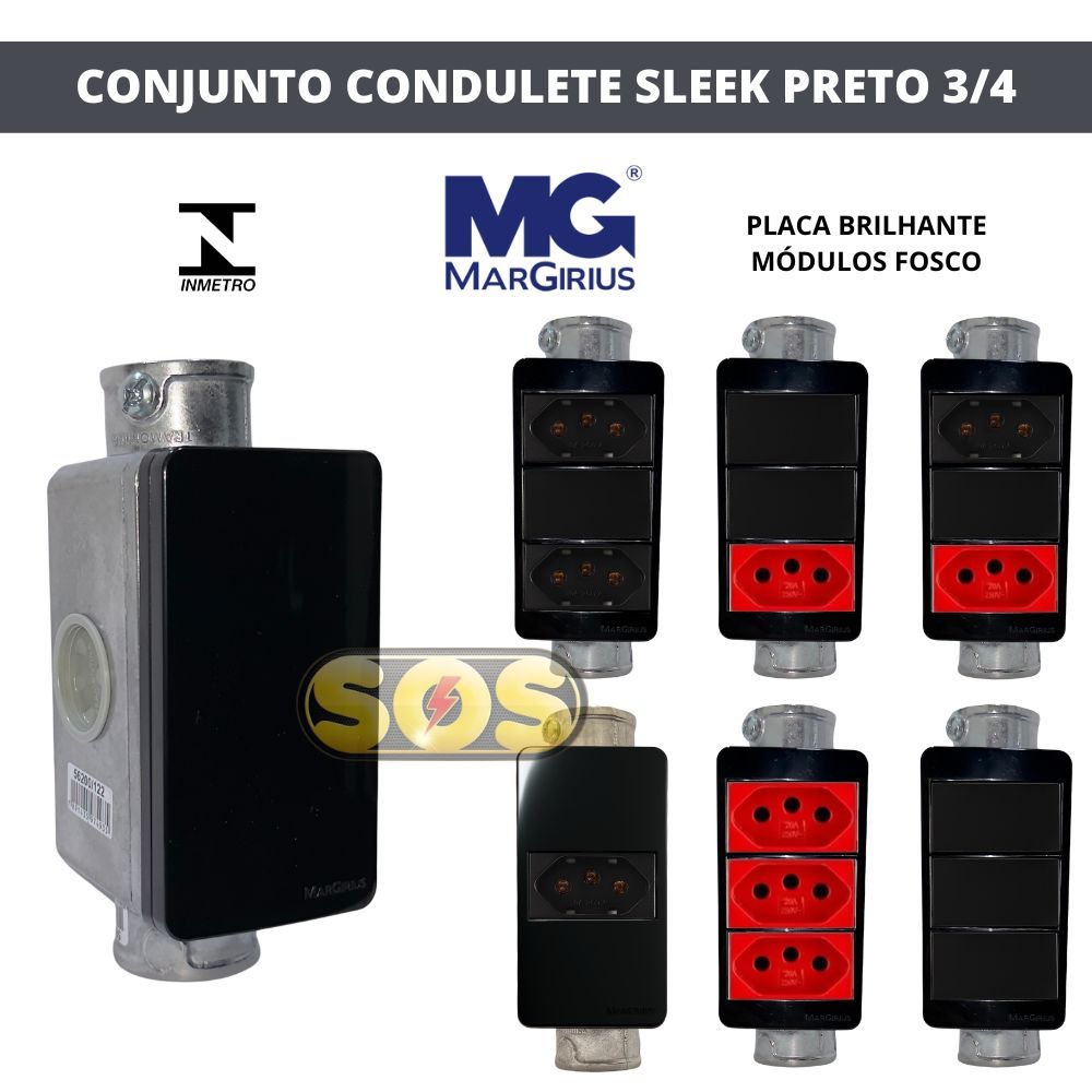 CONJUNTO CONDULETE 3/4 SLEEK EBONY PRETO FOSCO MARGIRIUS INTERRUPTOR SIMPLES PARALELO TOMADA 10A 20A