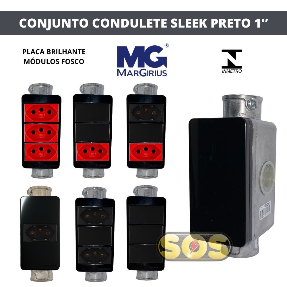 CONJUNTO CONDULETE 1' INTERRUPTOR SIMPLES PARALELO TOMADA 10A 20A SLEEK EBONY PRETO FOSCO MARGIRIUS