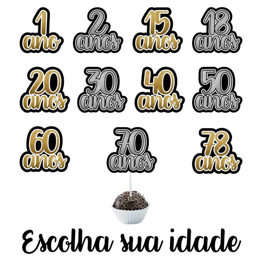 Kit Tags Toppers para Docinhos e Cupcake 15 18 20 30 40 50 60 anos em dourado ou prata - Escolha sua idade