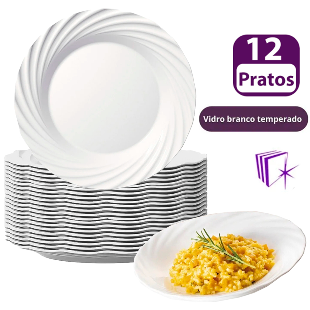 jogo Conjunto 12 Pratos Duralex Fundos Jasmim Nadir Opaline 23,5cm Branco Jantar Vidro Temperado