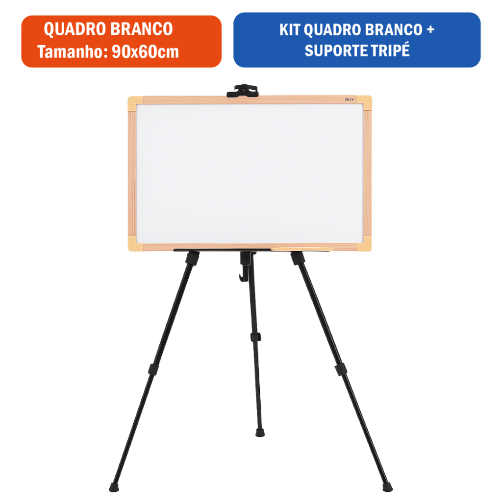 Quadro Branco 90x60cm Uv Soft Moldura MDF Carvalho + Tripé Suporte para Lousa Branca