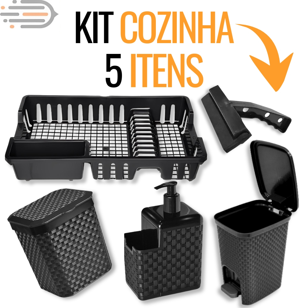 Kit Pia Cozinha Rattan Preto | Lixeira 5L - 7L Escorredor Dispenser | Porta Detergente Rodo