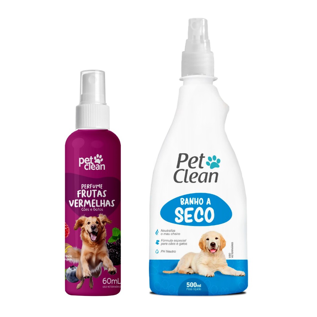 Kit Banho a Seco Spray Sem Enxágue E Perfume Colônia Fragrância Pet Shop Caes E Gatos - Pet Clean