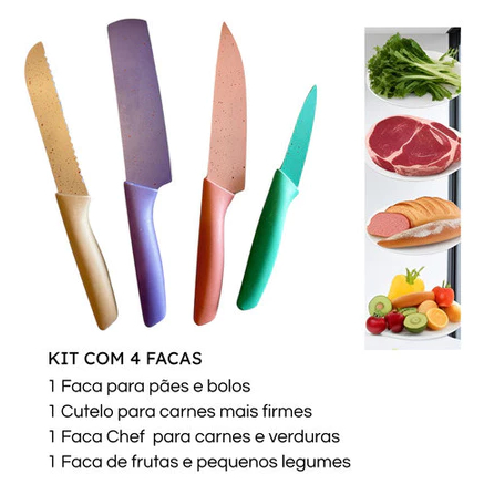 Kit de facas inox coloridas com tesoura e descascador , 6 peças essenciais para sua cozinha. - LM