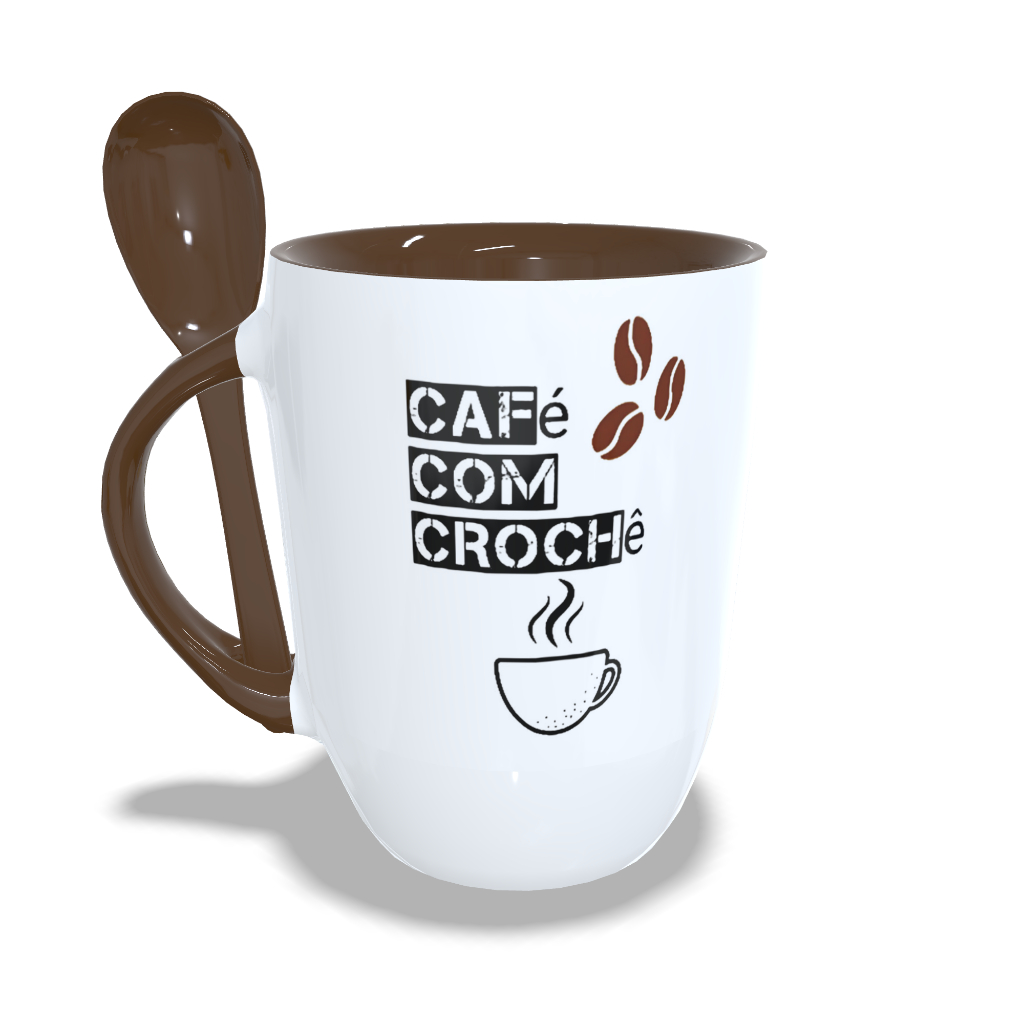 Caneca Personalizada Café é com Croché com Colher Interior e Alça Marrom