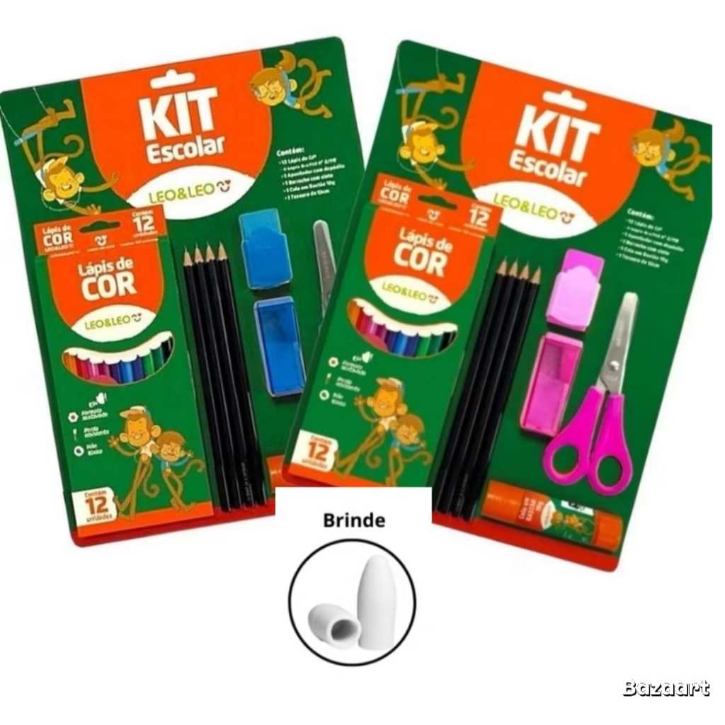 Kit Material Escolar 20 Peças -12 Lápis de Cor 4 Lapis Grafite HB Apontador Tesoura e Borracha Cola