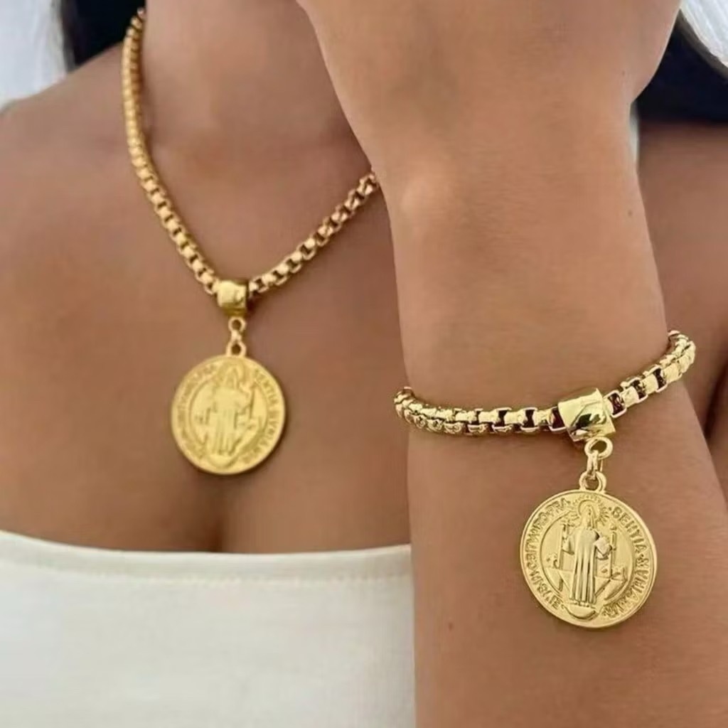 KIT Colar+Pulseira  São Bento Corrente Elo Português Banhado a Ouro 18k Luxo Proteção Divino
