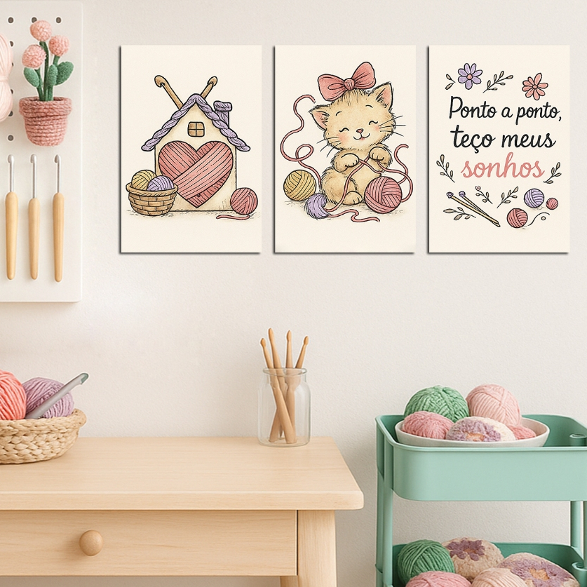 Kit 3 Quadros placas MDF tema Crochê – “Ponto a Ponto, Tecendo Sonhos” – imagens aquarela MDF 20x30cm ✨ em Oferta na Shopee