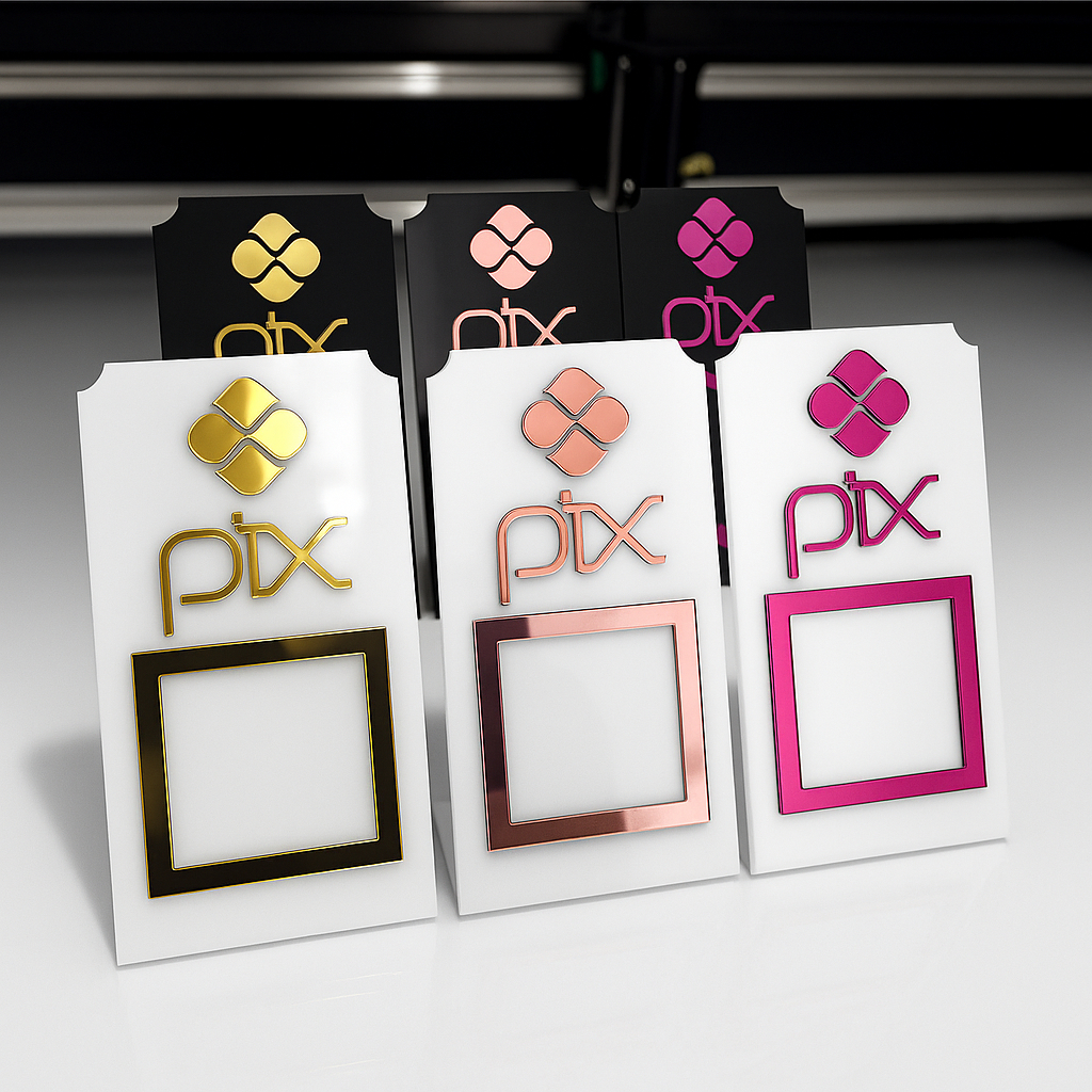 Placa Pix Pagamento QR CODE Mesa Acrílico Empresarial Balcão Atendimento Dourado Rose Pink