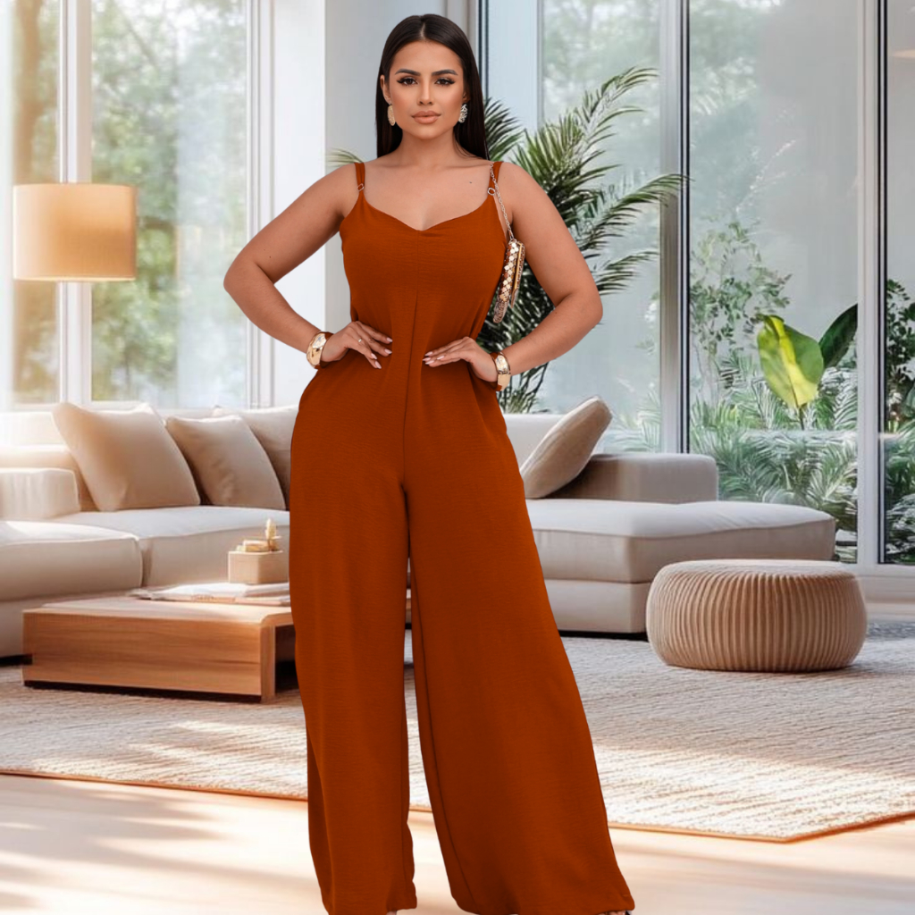 Macacão Pantalona Feminino Zyper nas costas alcinha decote V Justo Tecido Crepe Elegante Lançamento em Oferta na Shopee