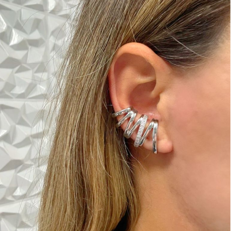 Brinco Ear Cuff Feminino Metal e Zircônia Moda Mulher elegante Moderna BR90