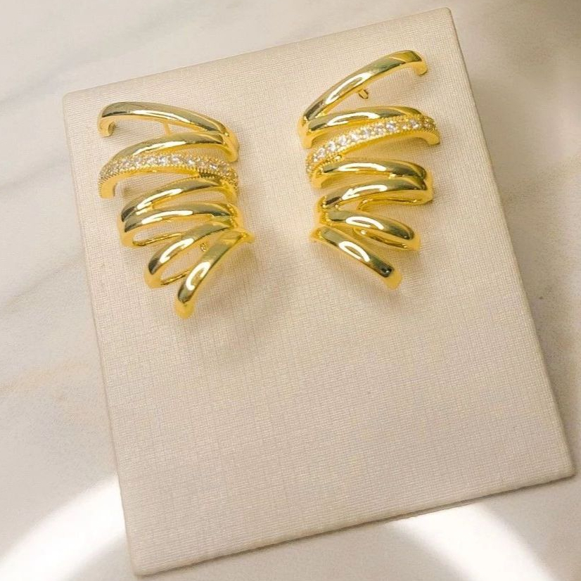 Brinco Ear Cuff Feminino Metal e Zircônia Moda Mulher elegante Moderna BR90