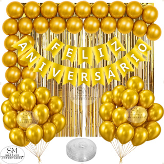Kit Festa Aniversário 55 Peças Balões Metalizados Decoração Cortina Metalizada Faixa Fita Arco em Oferta na Shopee