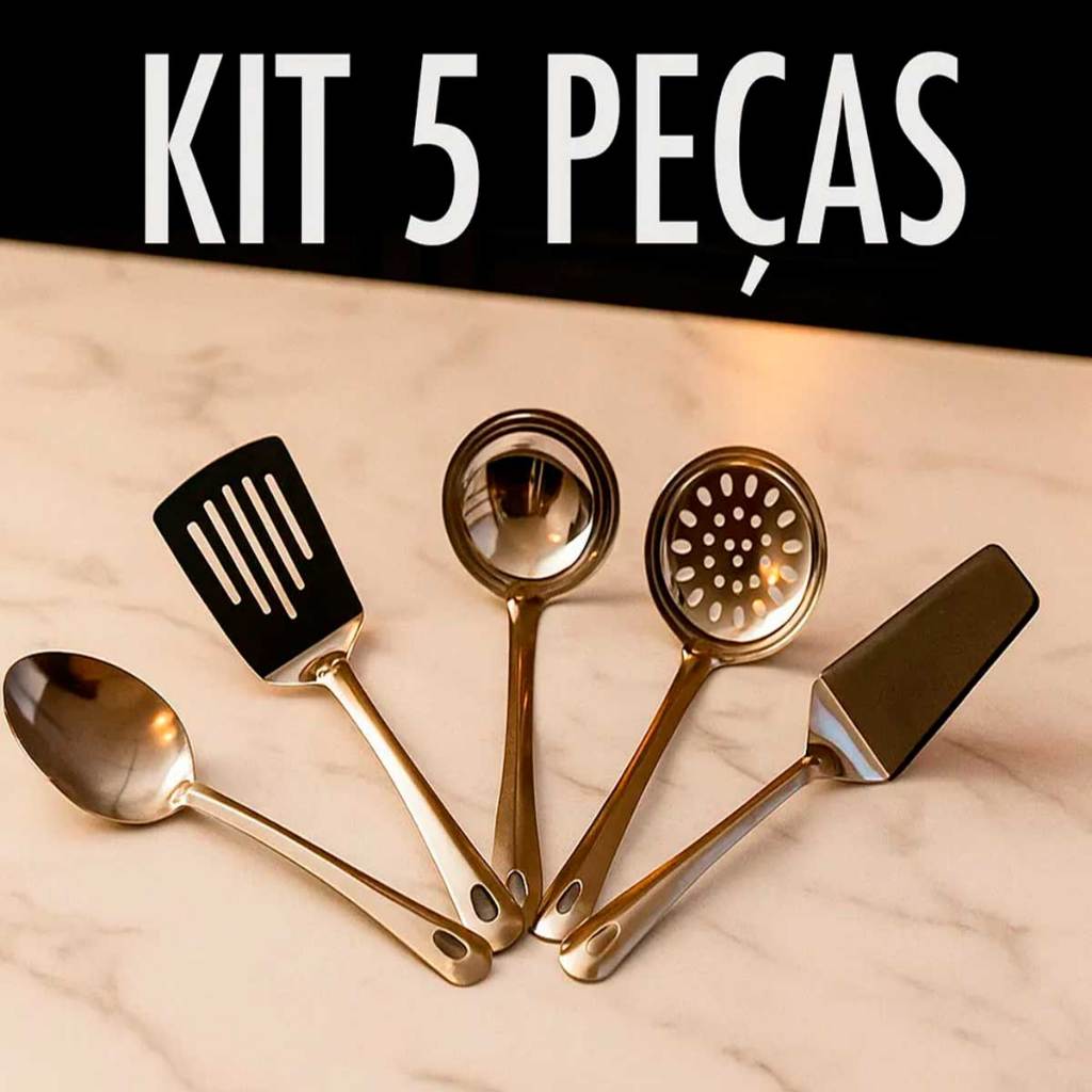 Kit 5 Utensílios Cozinha 100% aço Inox Colher Arroz Concha Escumadeira Espátula Vazada Espátula Bolo