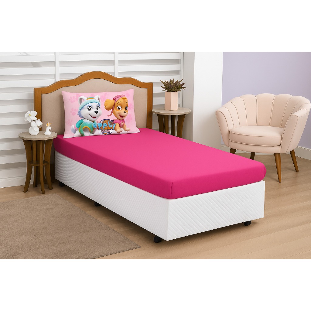Jogo de lençol 2 pçs cama solteiro infantil menina Patrulha Canina fronha estampada Skay/Everest