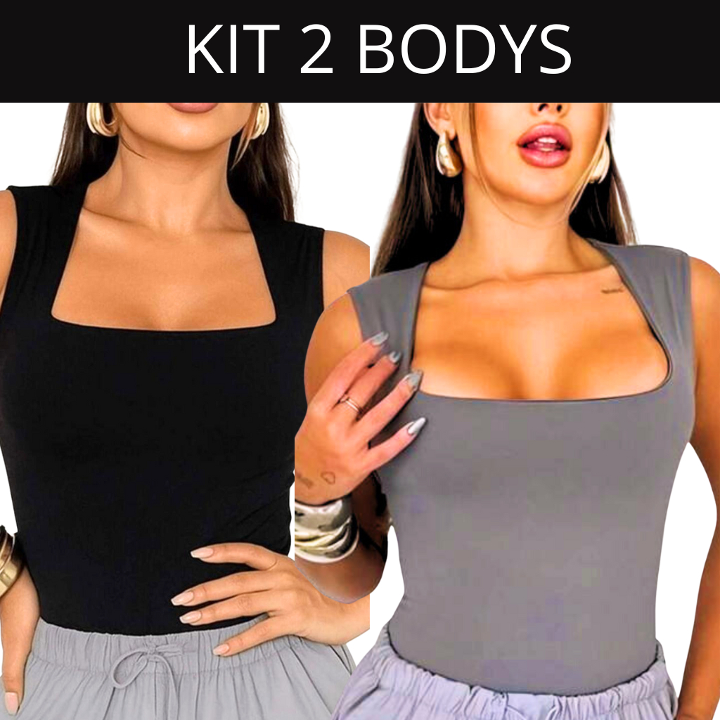 Kit 2 Body Collant Feminino Regata Blusa Decote Quadrado Com Forro Estilo Blogueira