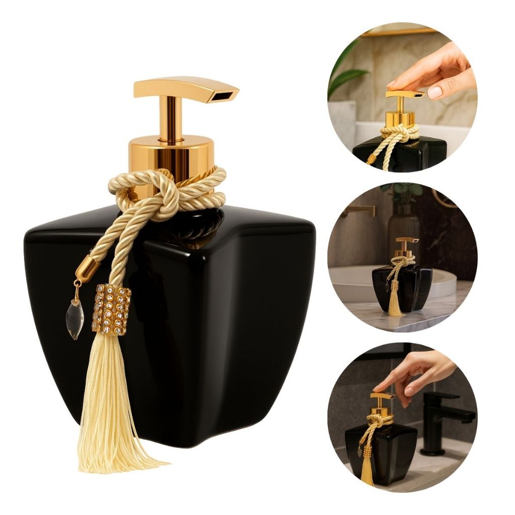 Porta Sabonete Luxo Vidro Estrela Preto Total 280ml C/ Válvula Saboneteira e Enfeite Decorativo