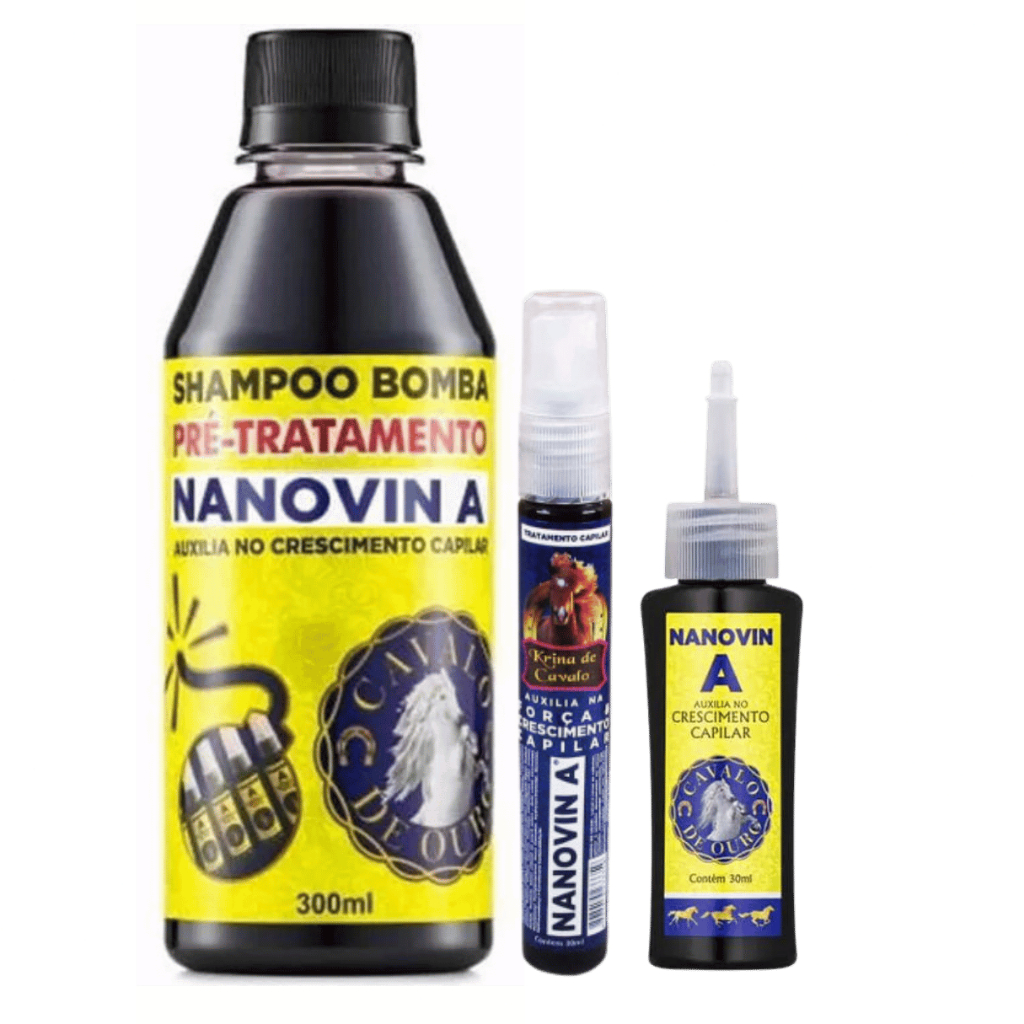 Nanovin A Shampoo Bomba de Crescimento 300ml + Tonico Cavalo De Ouro 30ml e Krina De Cavalo 30ml