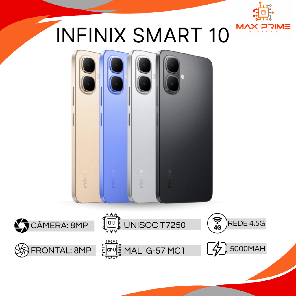 Infinix Smart 10 4.5G, 128GB/4GB RAM Expansível, Proteção IP64, Processador T7250, Versão Global em Oferta na Shopee