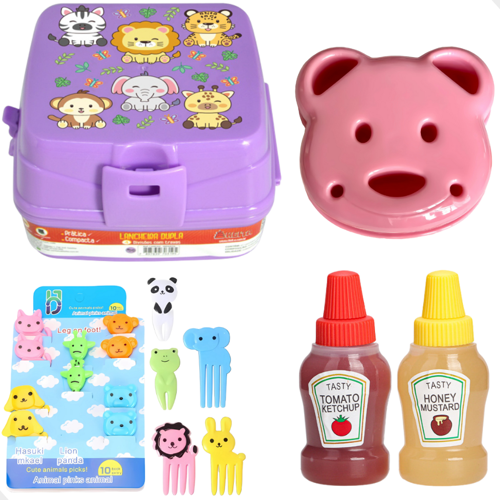 Kit Lancheira Com Garfinhos Bisnagas e Molde de Pão Merenda Escolar