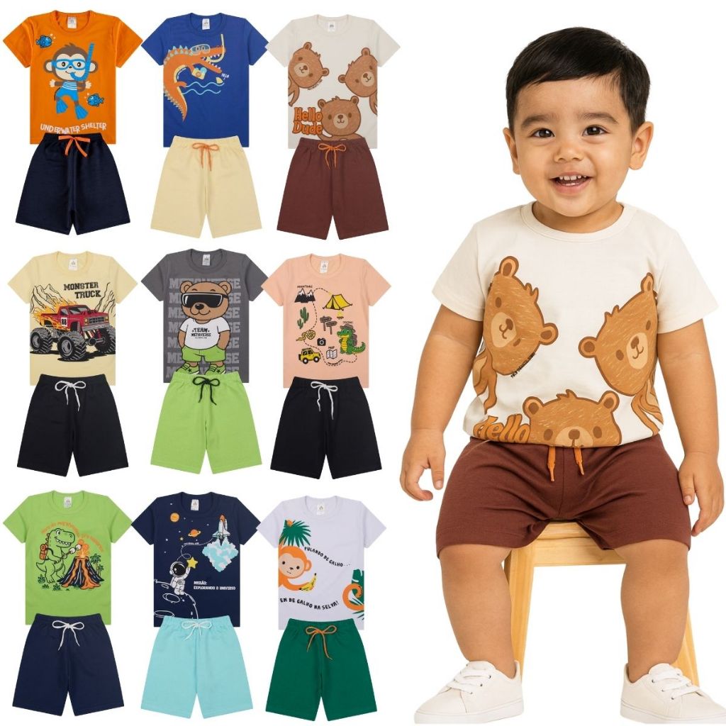 Kit Bebe 20 Peças De Roupas Menino Infantil - 10 Conjuntos de verão - 10 Camisetas + 10 bermudas shorts Masculino em Oferta na Shopee