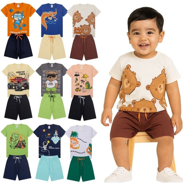 Kit Bebe 20 Peças De Roupas Menino Infantil - 10 Conjuntos de verão - 10 Camisetas + 10 bermudas shorts Masculino