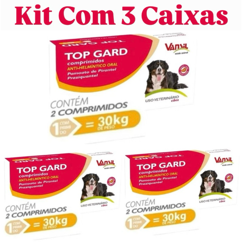 Kit C/ 3 Caixas de Top Gard Sabor Carne Vansil Vermífugo Anti-Helmíntico 2 comprimidos até 30kg Para Cães e Gatos em Oferta na Shopee