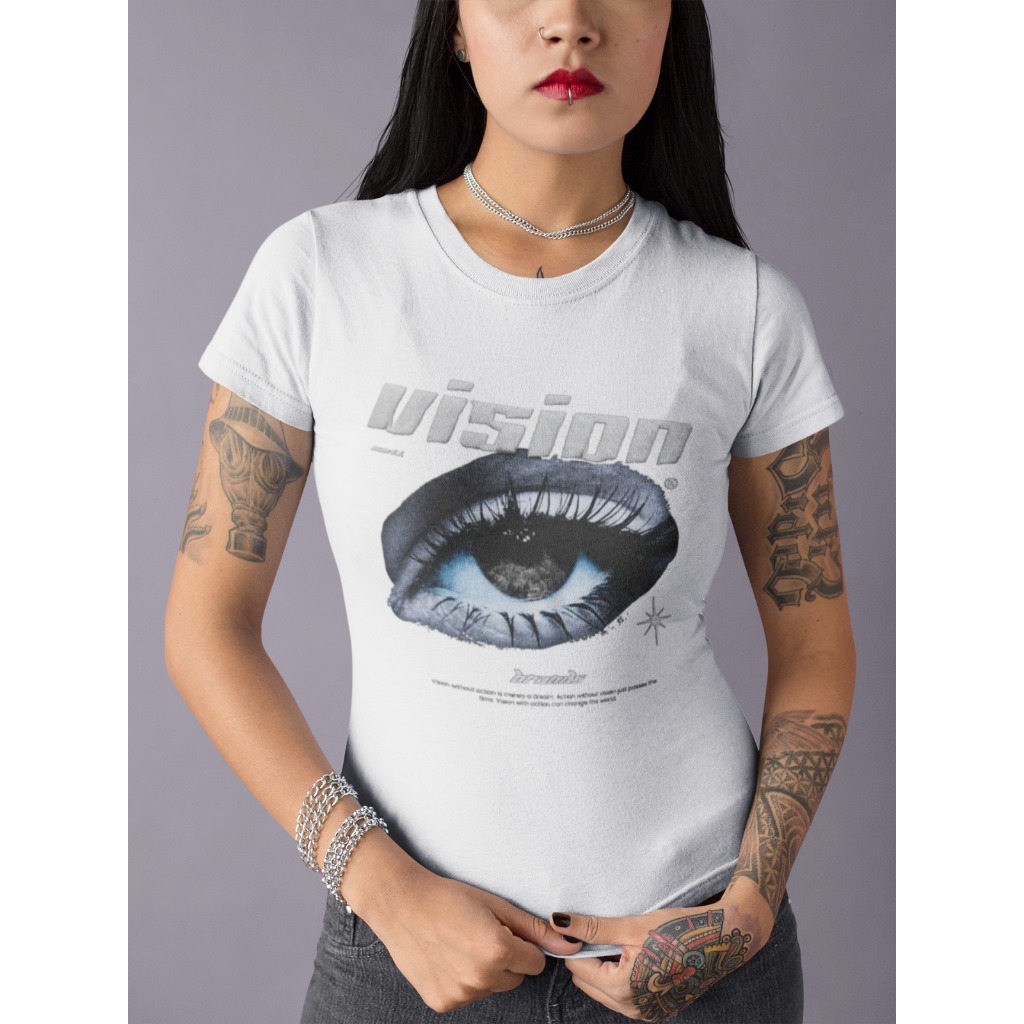 Baby Tee Y2K Feminina- Estampa Vision, Conforto Elástico e Versátil para Primavera/Verão/Outono