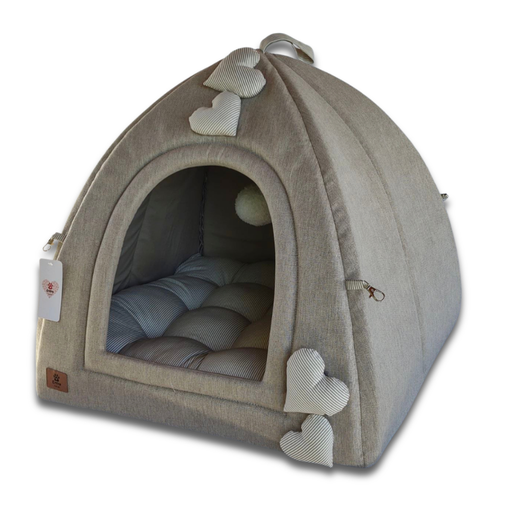 Toquinha Iglu Pet Entre Patas para Cães e Gatos – Cama Toca Artesanal Confortável Linho Bege com Listras Bege Premium em Oferta na Shopee