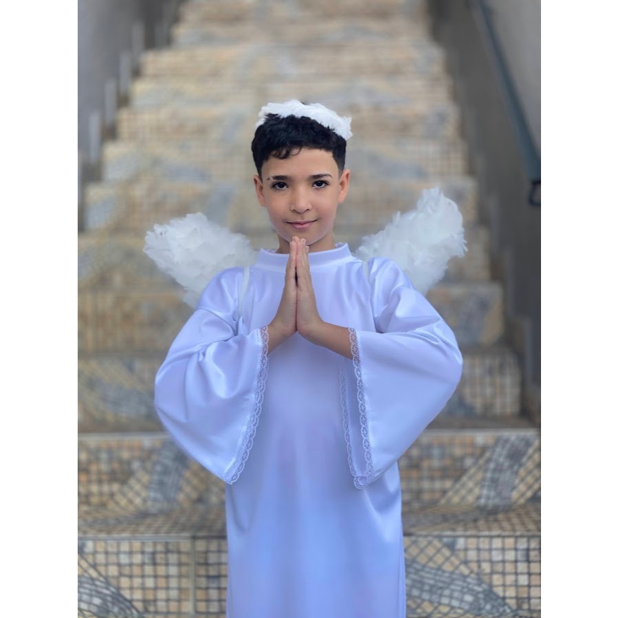Fantasia De Anjo Infantil Completa Querubim Túnica Helanca Branco com Asa