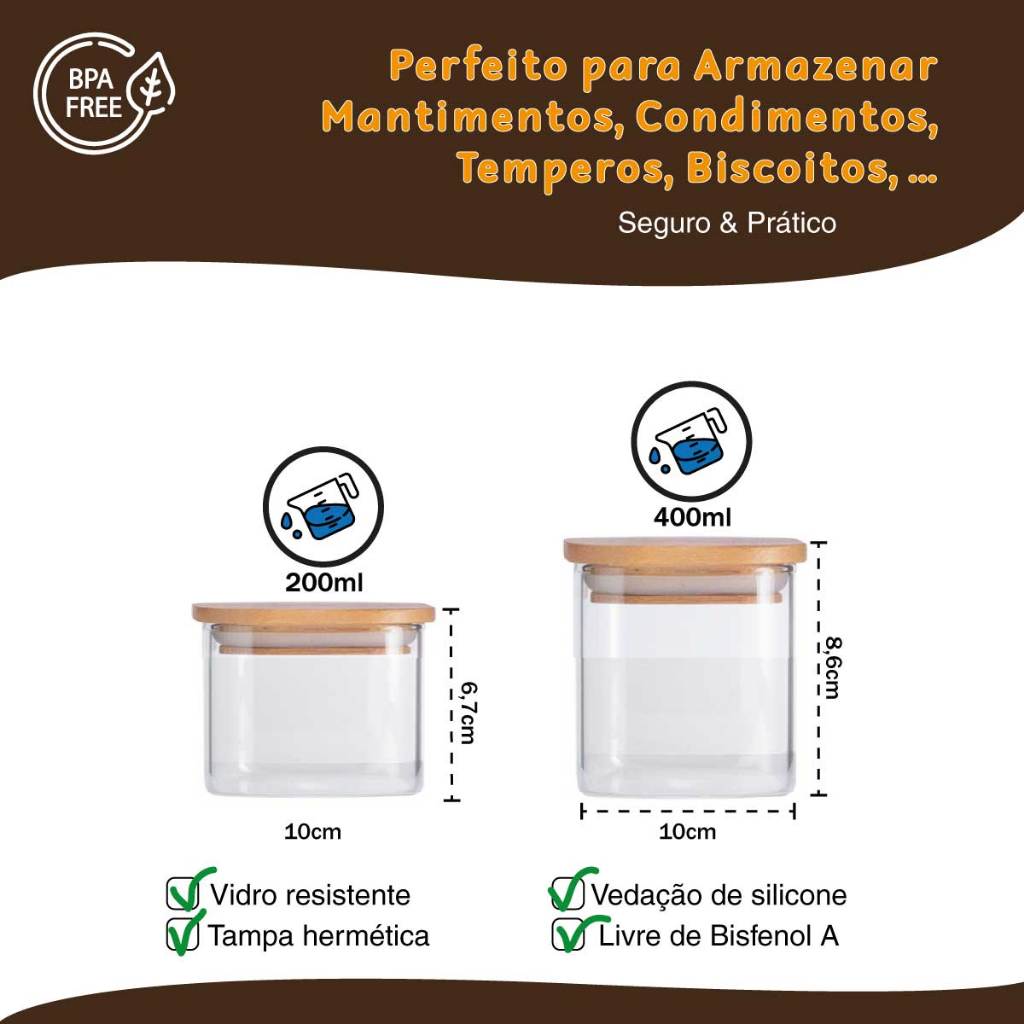 Kit 5 Potes de Vidro com Tampa de Bambu para Condimentos e Alimentos — foto 6