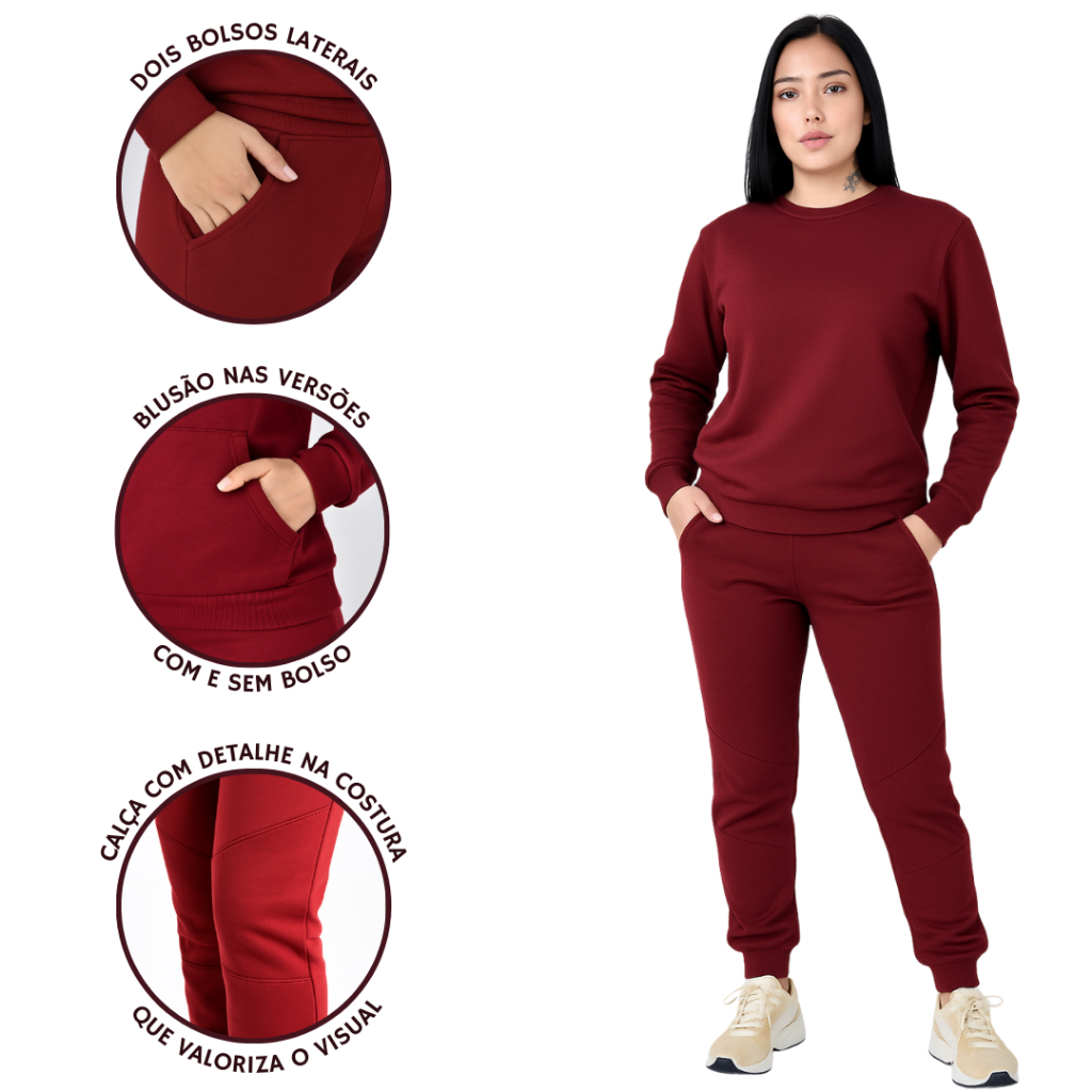 Kit Conjunto Moletom Feminino Blusa e Calça Flanelada Com e Sem Bolso em Oferta na Shopee