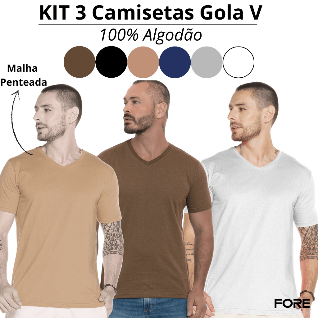 Camiseta Masculina KIT 3 Básica Gola V Algodão Premium 505254-K3 em Oferta na Shopee