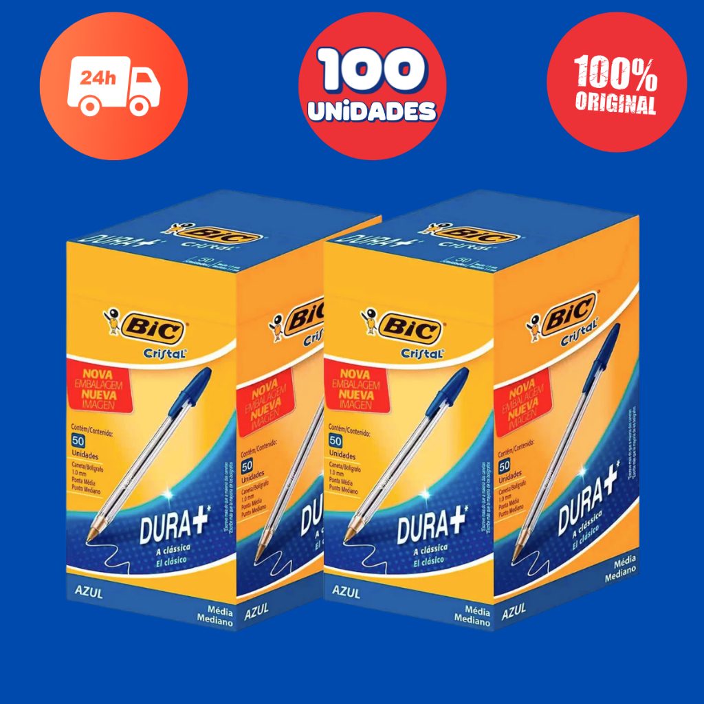 Kit 2x Caneta Bic Cristal Azul Vermelha Preta 100 Canetas