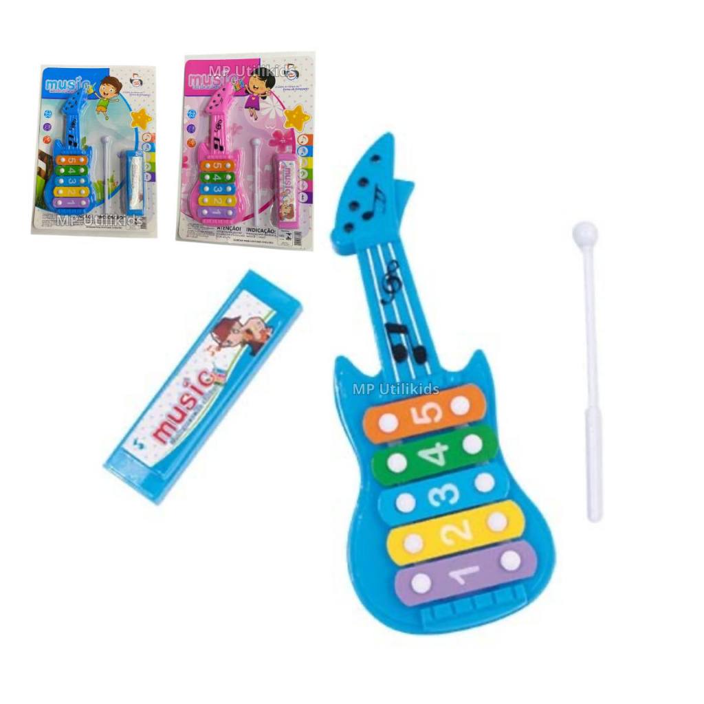 Guitarra Infantil Gaita Kit 2 Brinquedo Musical Xilofone Bebê Educacional Didatico
