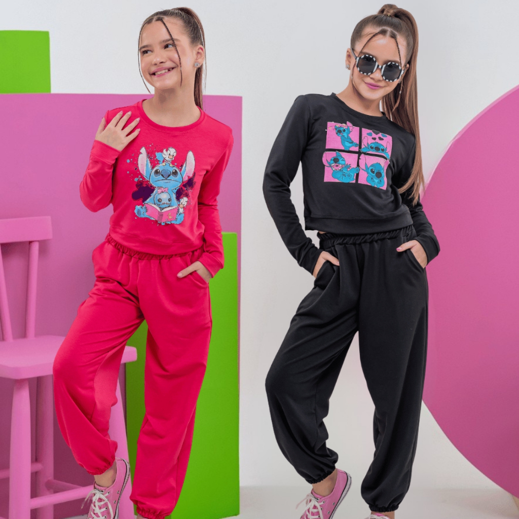 Conjunto Moletom Infantil Menina Feminino Blusa e Calça Stitch Quentinho Flanelado Algodão Juvenil