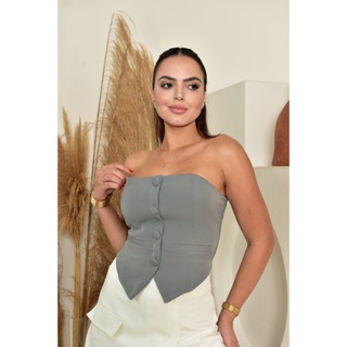 SEROLF | TOP CROPPED FEMININO EM ALFAIATARIA TOMARA QUE CAIA COM LASTEX em Oferta na Shopee