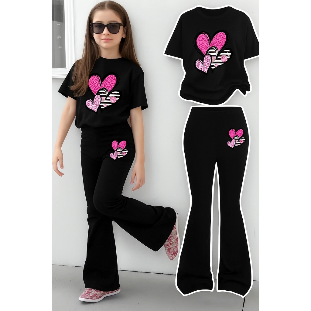 Conjunto Infantil Calça Moletom Flare+Camiseta Estilo Casual Fashion Corações em Oferta na Shopee