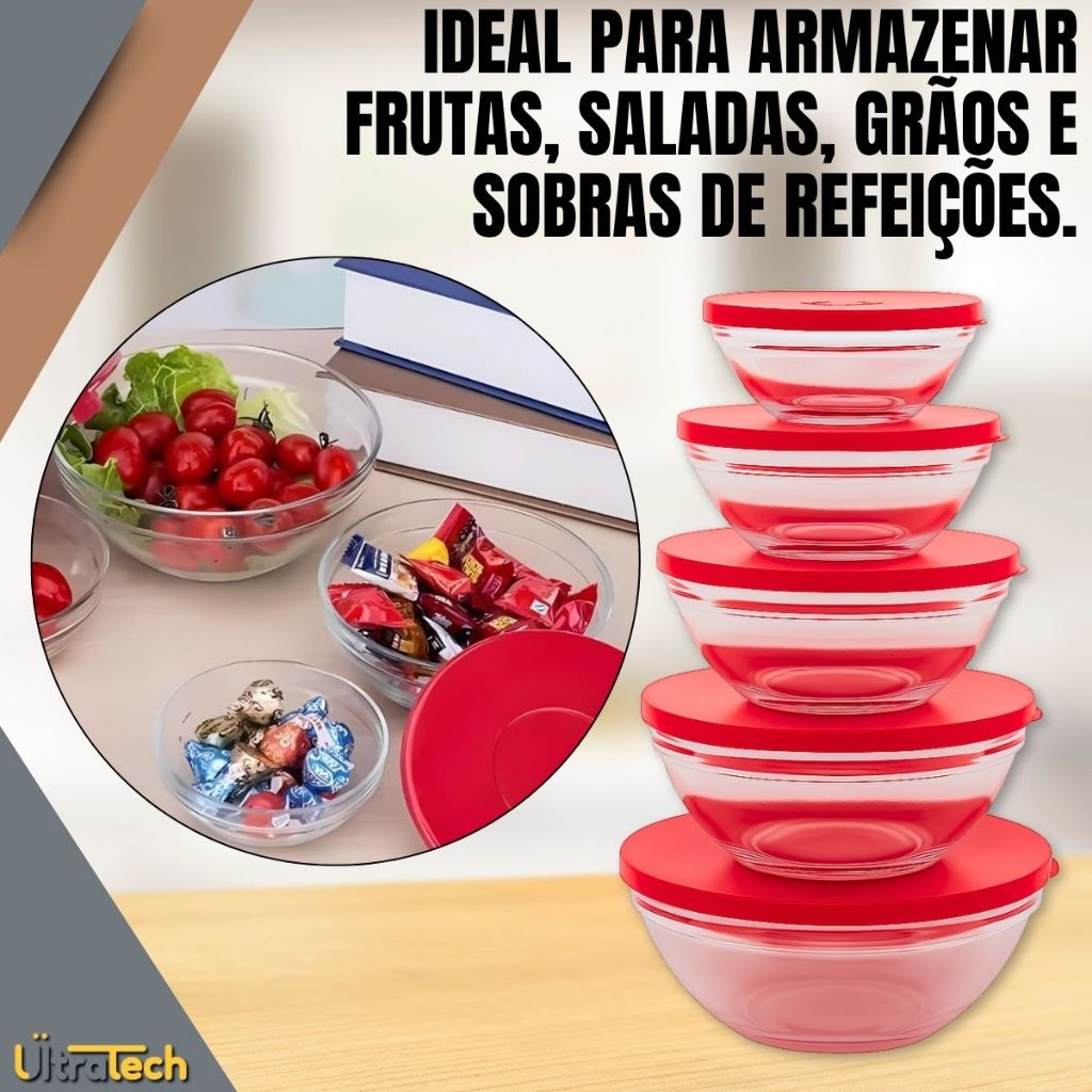 Kit 5 Potes de Vidro Redondos com Tampa Hermética -Ideal Alimentos e Refeições Com Design Moderno